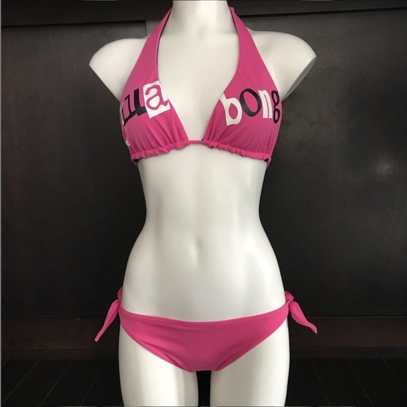 Billabong BLUE CRUSH era Vintage bikini pink logo reversible halter top set RARE - Picture 2 of 9